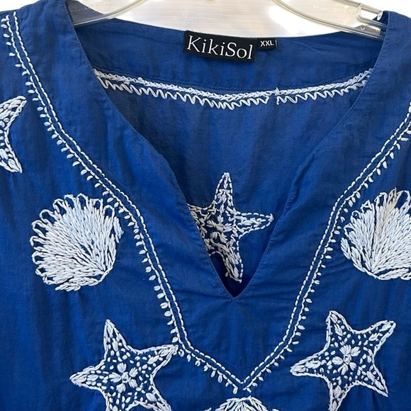Beach Sea Coastal Blue Embellished 3/4 Sleeve Tunic with embroiderey - Picture 3 of 6